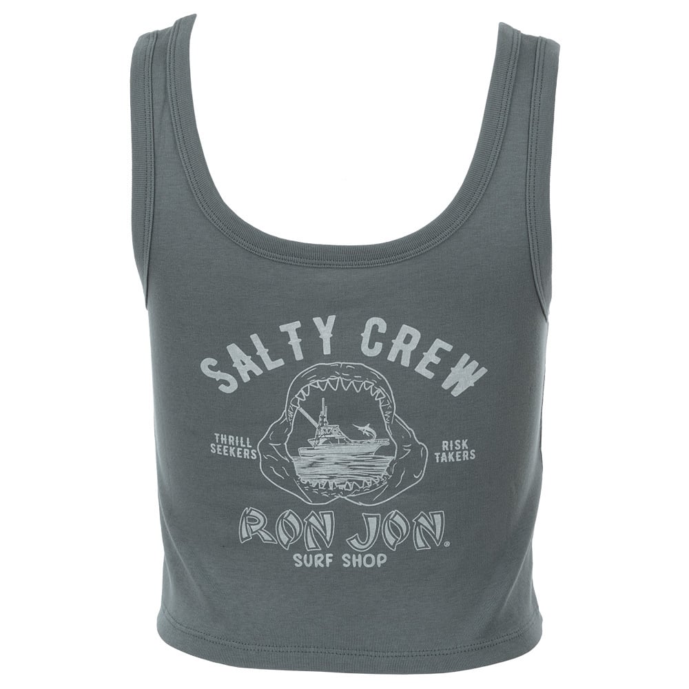 Gray tank top with Salty Crew and Ron Jon Surf Shop text. Features graphic of a large shark mouth and a ship. Words Thrill Seekers and Risk Takers are beside the graphic.