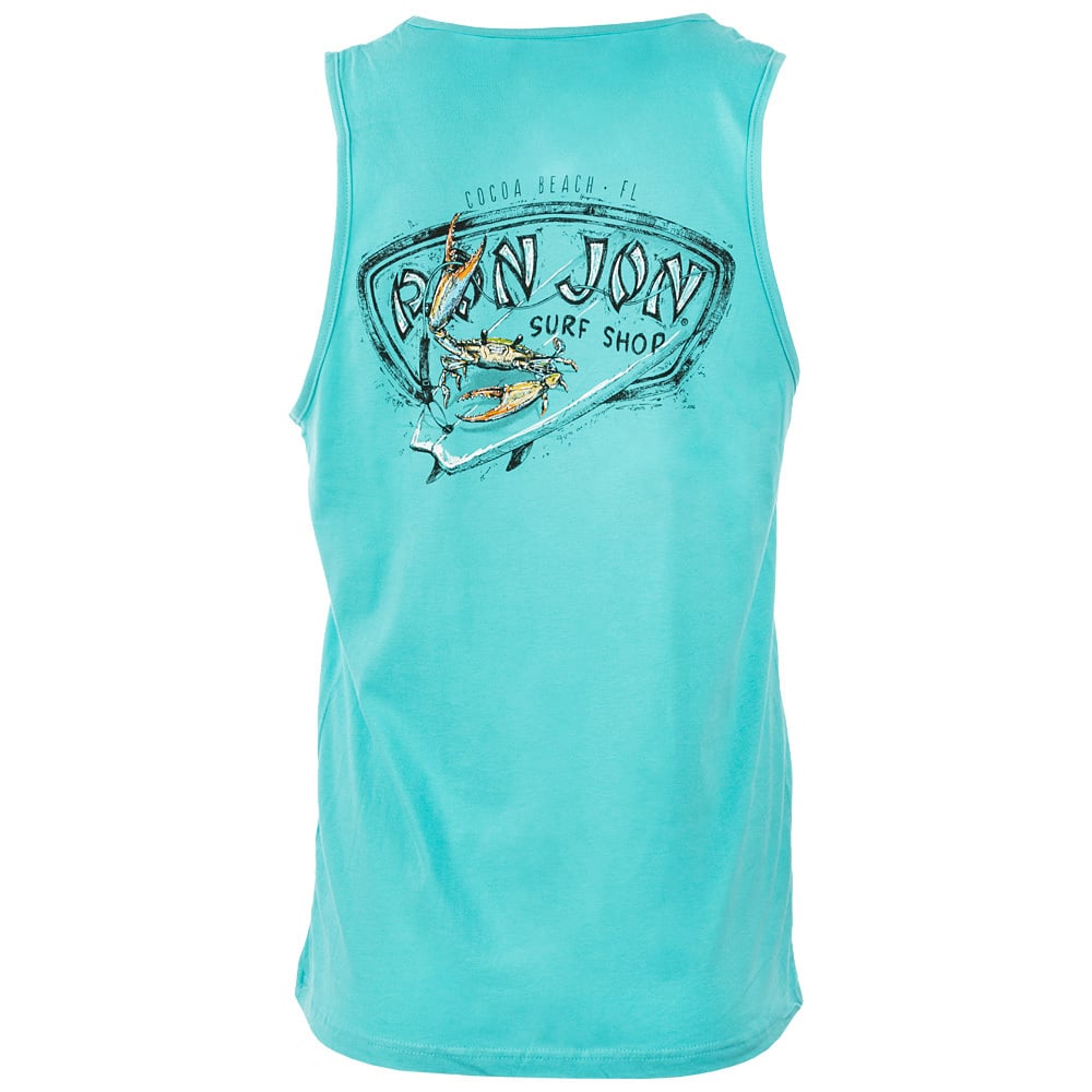 A turquoise sleeveless shirt with Ron Jon Surf Shop and Cocoa Beach, FL printed on the back, featuring a graphic of a crab holding a surfboard.