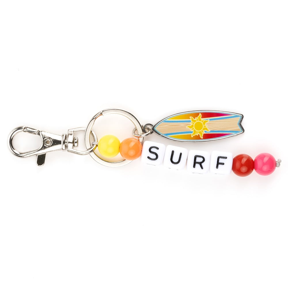 Keychain with colorful beads, alphabet blocks spelling SURF, a surfboard charm, and a metal clip.