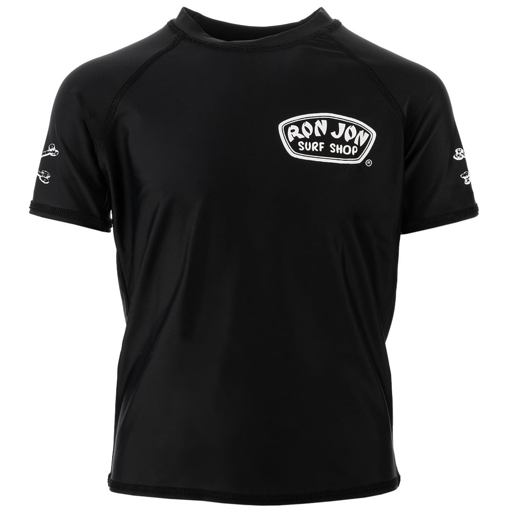 A black short-sleeve rash guard featuring the Ron Jon Surf Shop logo on the chest and small white graphics on both sleeves.