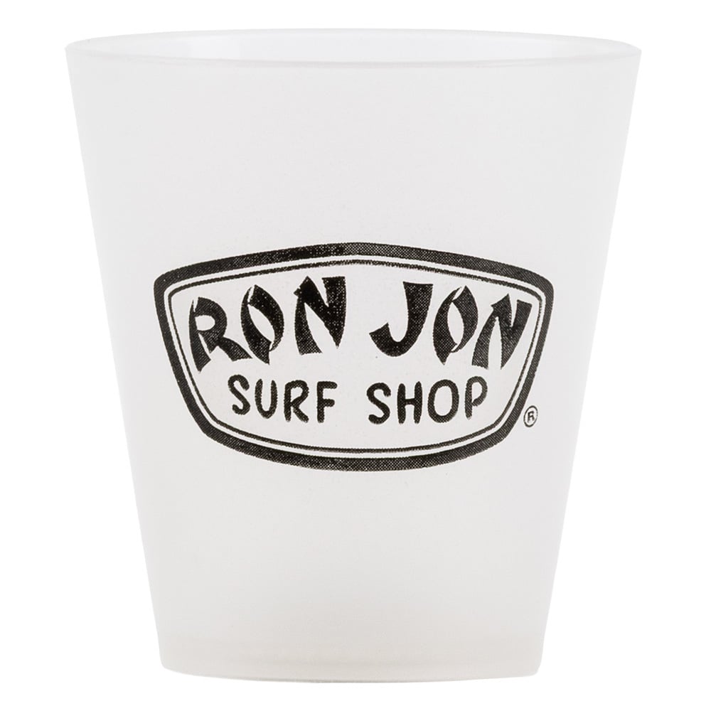 Frosted shot glass with the Ron Jon Surf Shop logo printed in black on the front.