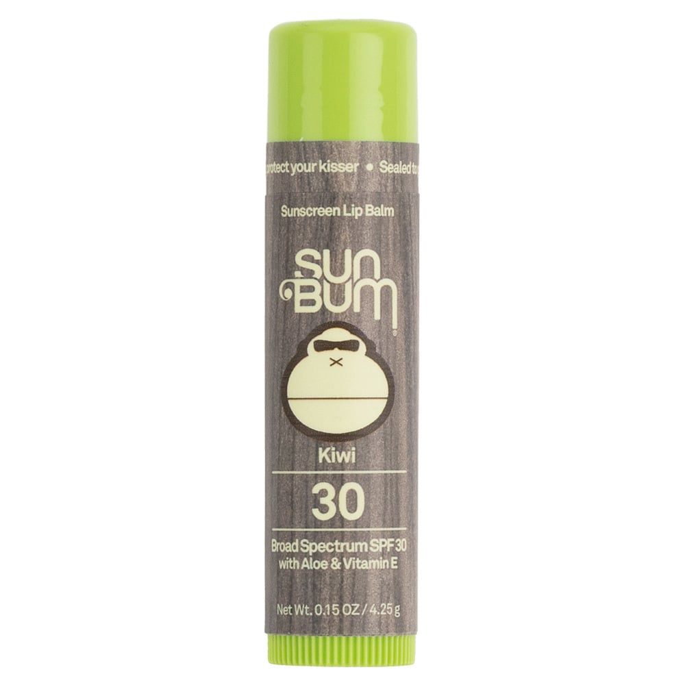 A tube of Sun Bum Kiwi Sunscreen Lip Balm with SPF 30, featuring a green cap and brown label.