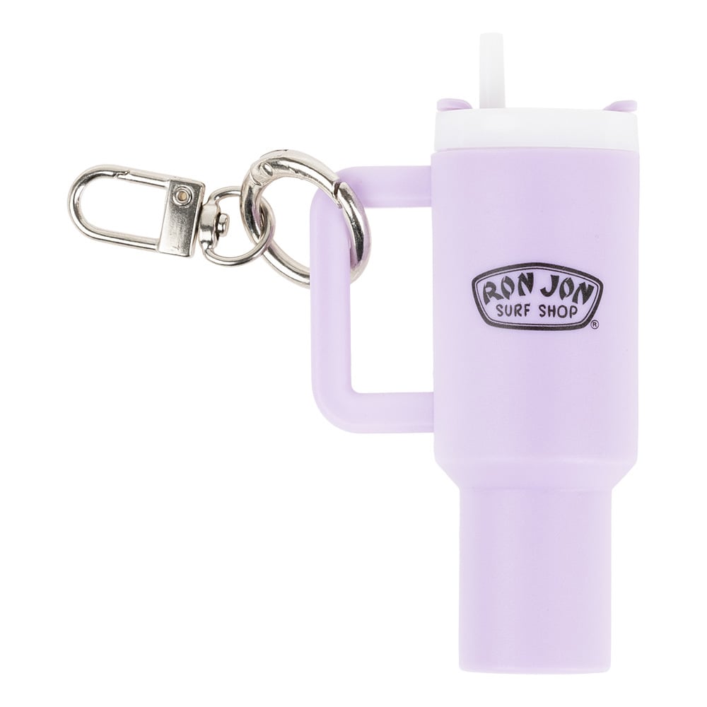 A lavender-colored keychain shaped like a tumbler with a handle, featuring the Ron Jon Surf Shop logo and a metal keyring with a clasp.