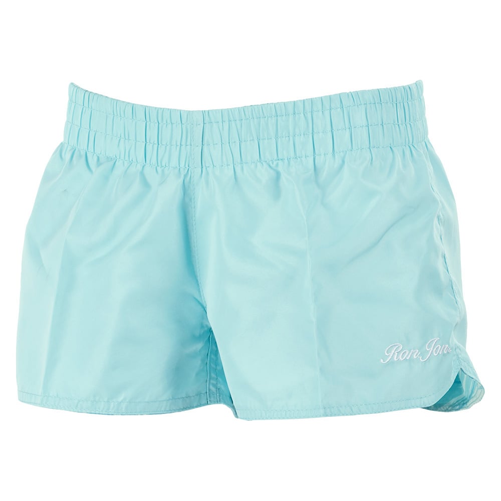 Light blue board shorts with an elastic waistband and Ron Jon embroidered in white on the lower left side.