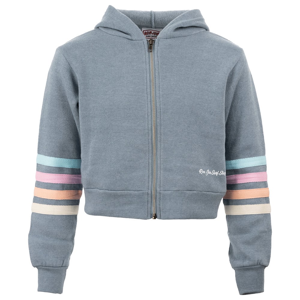 Blue zip-up hoodie with multicolored stripes on the sleeves and a small white logo on the front.