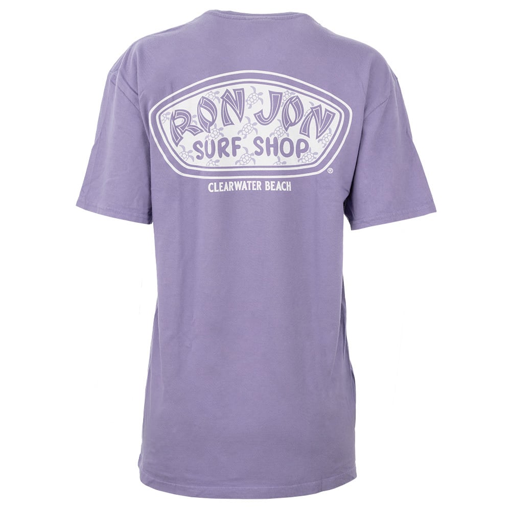 A purple t-shirt with Ron Jon Surf Shop Clearwater Beach printed in white on the back.
