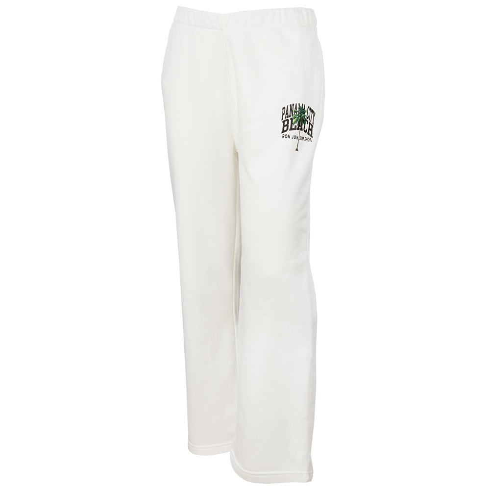 White sweatpants with an elastic waistband and a small graphic logo near the left pocket area.