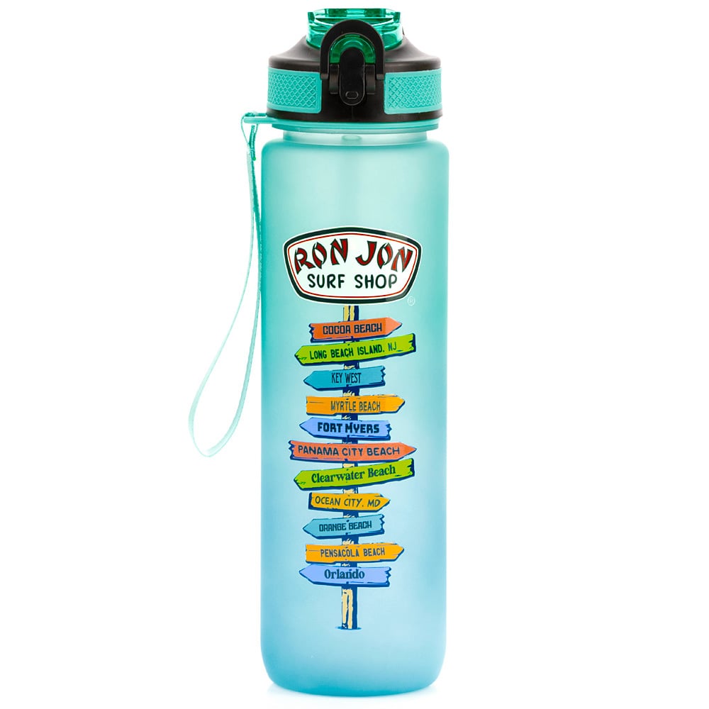 Gradient green to blue water bottle with Ron Jon Surf Shop logo and list of store locations. Green strap attached to cap.