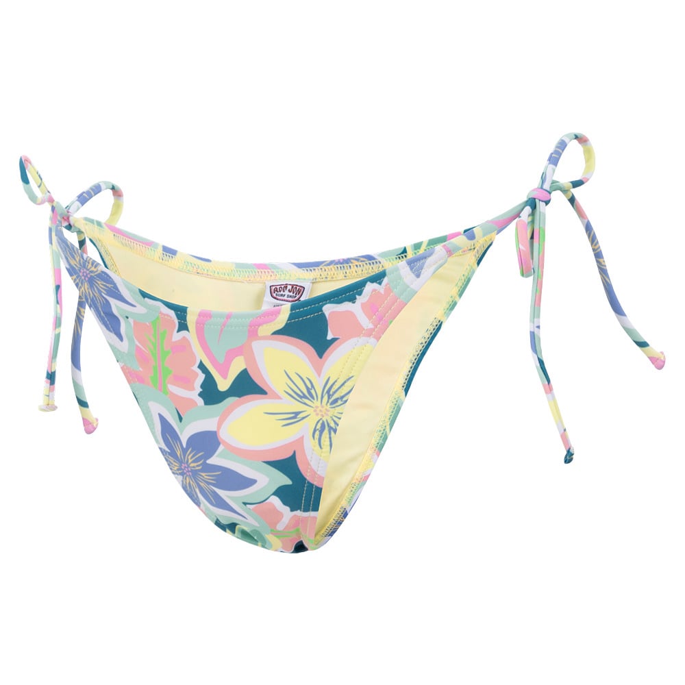 Floral-patterned bikini bottom with side tie strings in pastel colors on a white background.