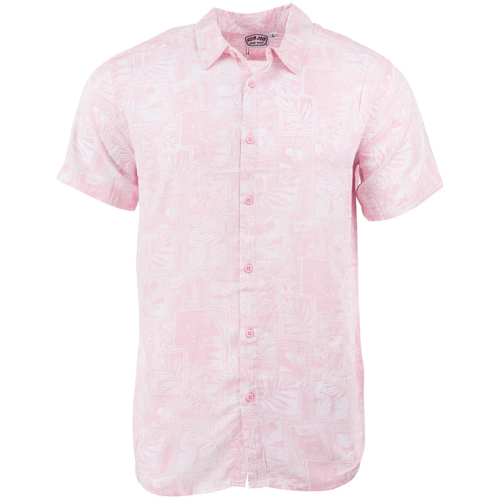Light pink short-sleeve button-up shirt with subtle floral patterns.