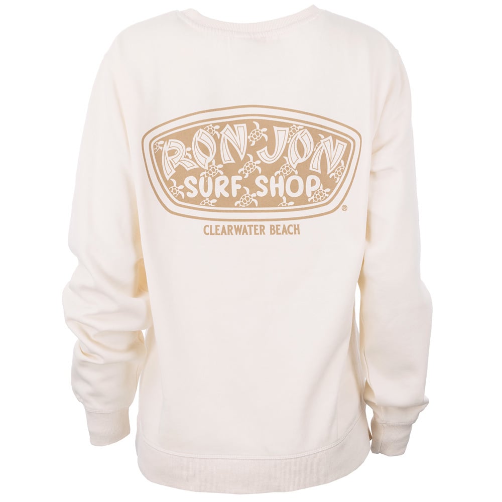 Off white sweatshirt with Ron Jon Surf Shop and Clearwater Beach printed in brown on the back.