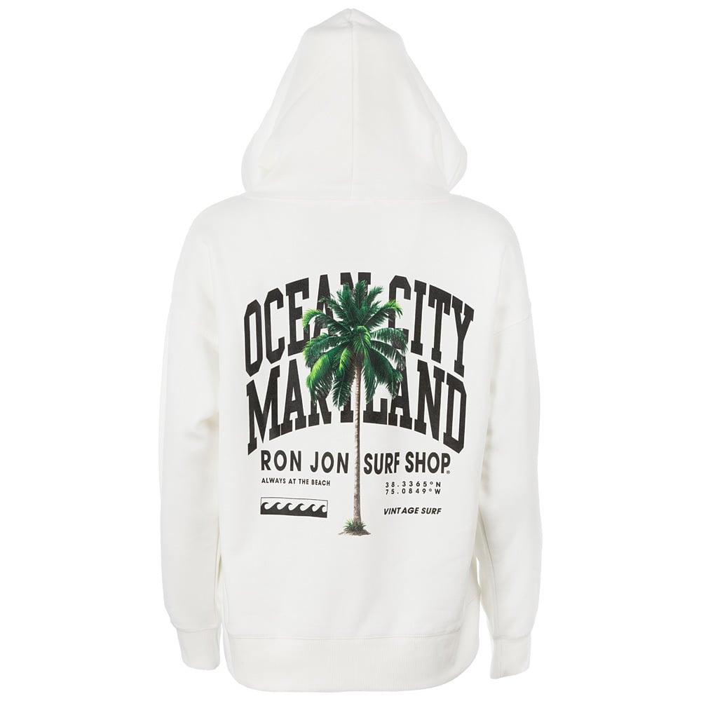White hoodie featuring a graphic of a palm tree and large black text reading Ocean City Maryland, Ron Jon Surf Shop, Always at the Beach, Vintage Surf on the back.