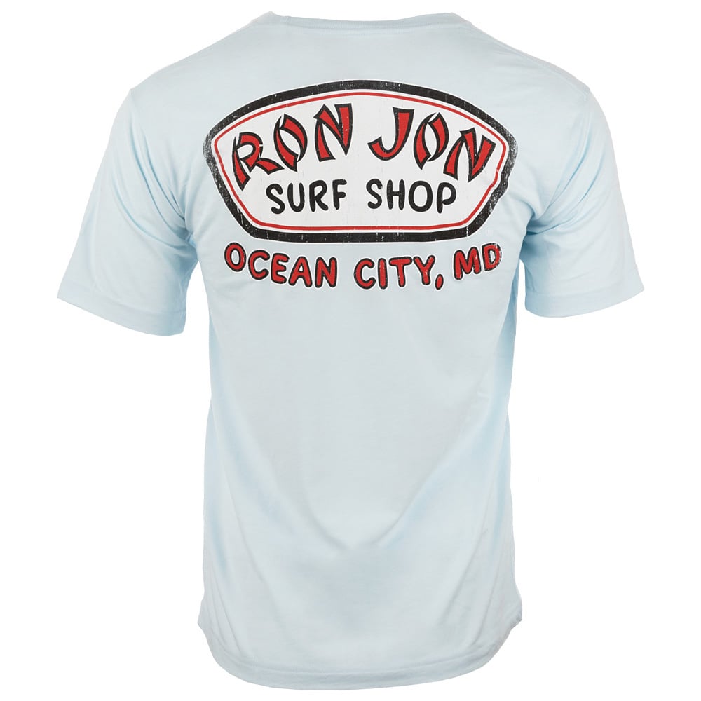 A light blue T-shirt with a large “Ron Jon Surf Shop Ocean City, MD” logo printed on the back in white, red, and black.