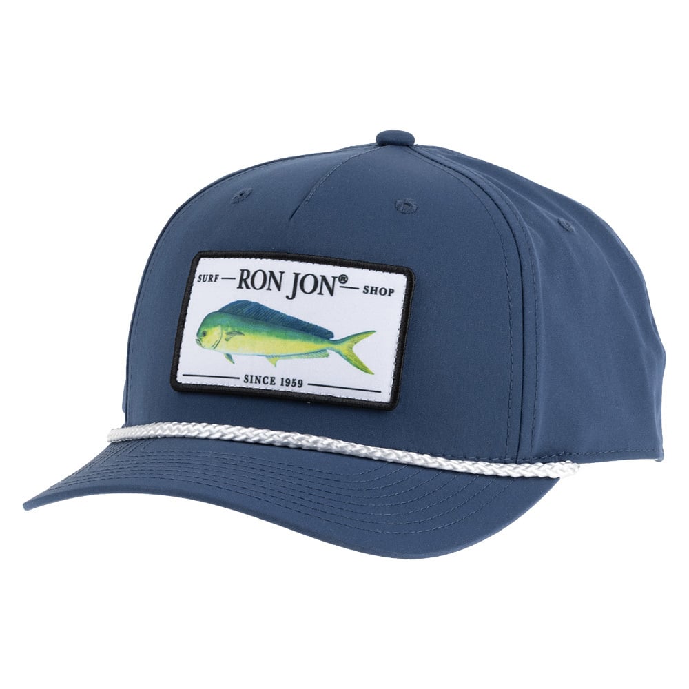 A blue baseball cap featuring a patch with RON JON text, a fish illustration, and white rope detail above the brim.