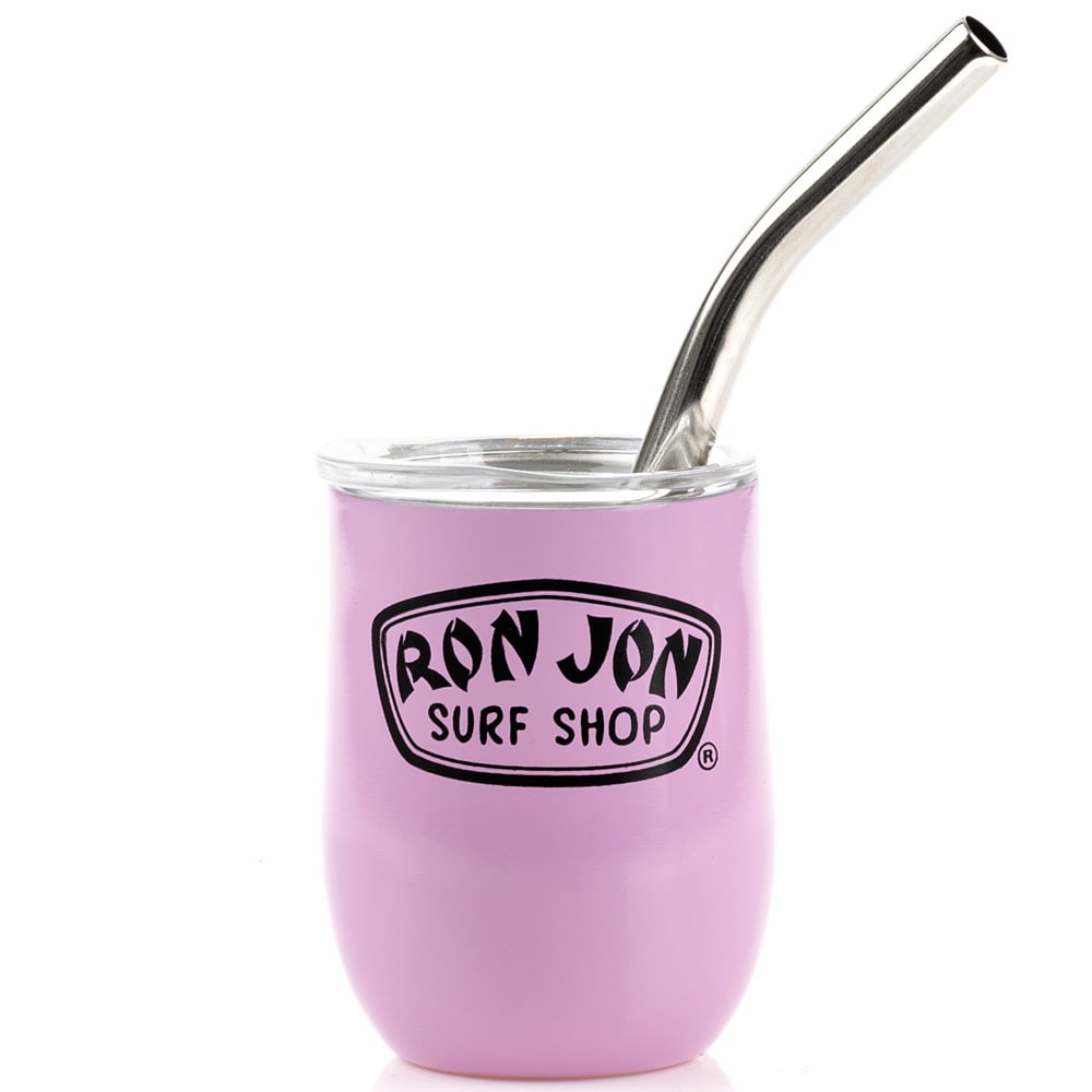 Purple Ron Jon Surf Shop tumbler with a clear lid and a metal straw.