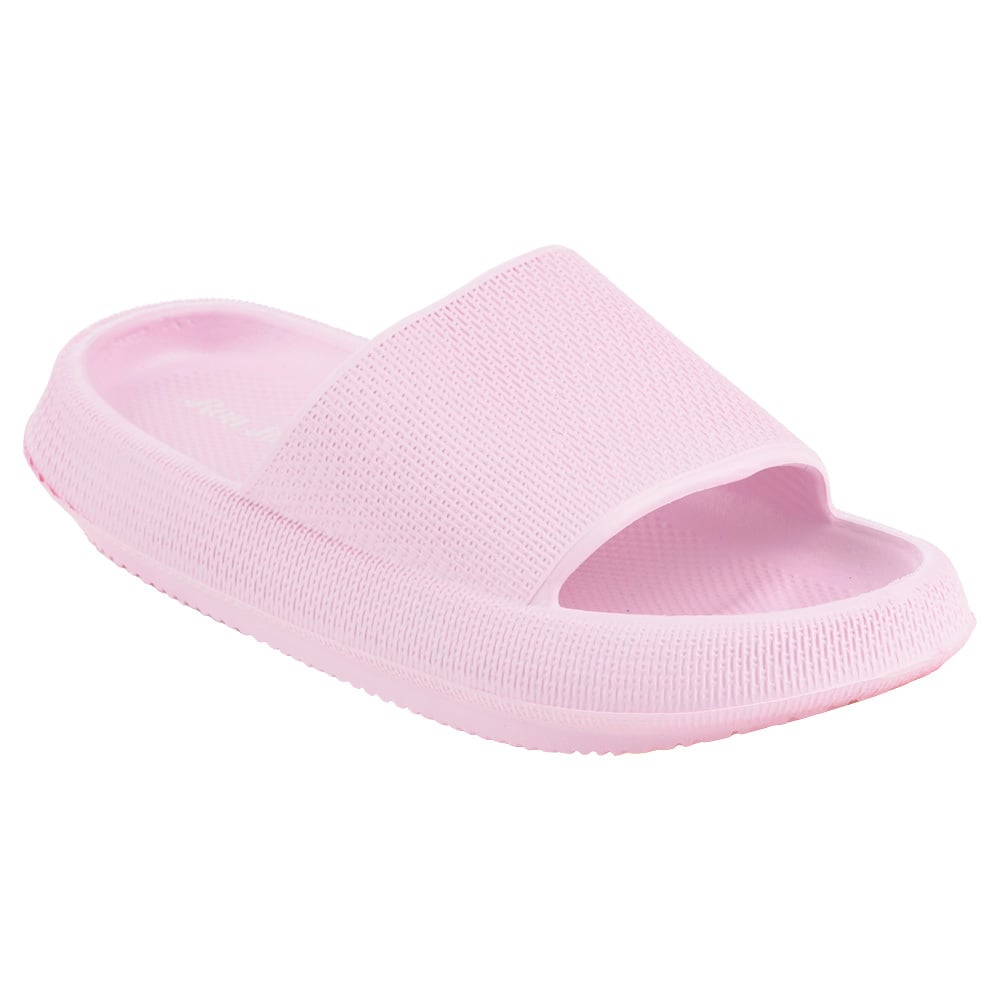 A pink rubber slide sandal with a textured upper and open toe design.