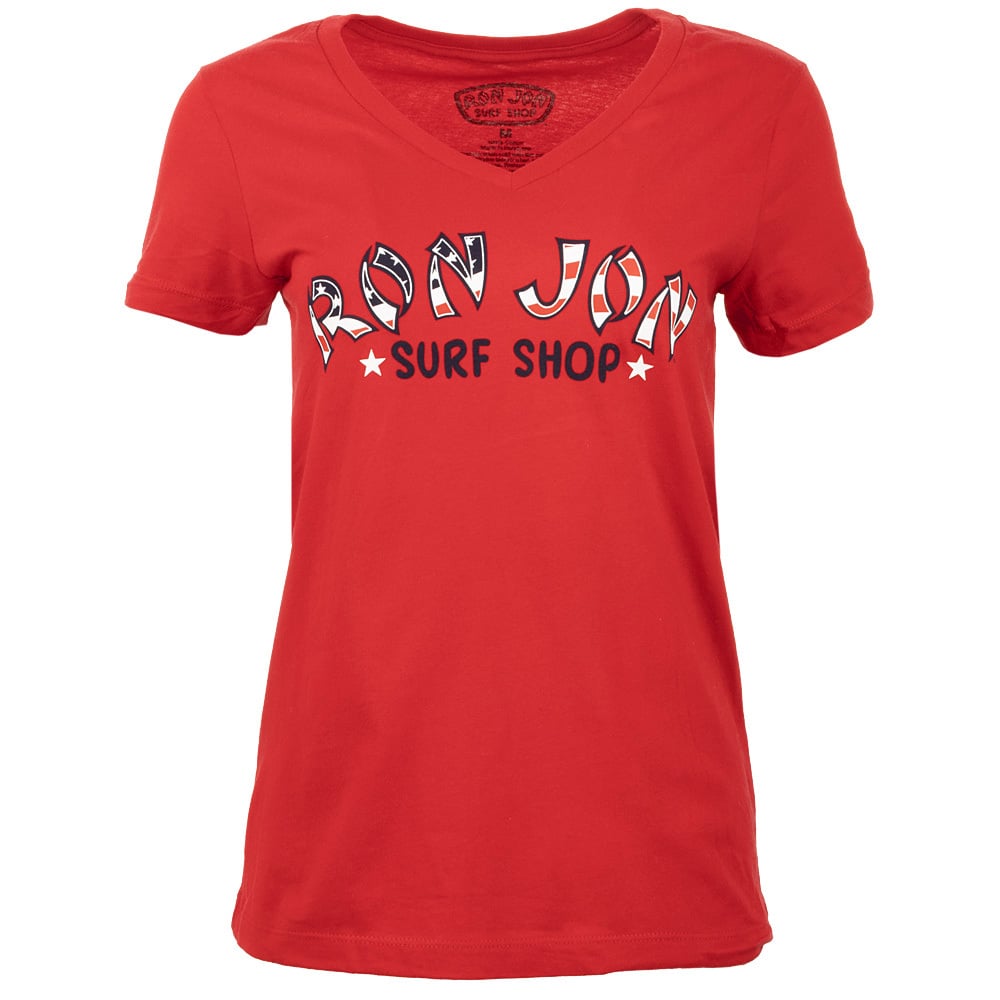 A red V-neck T-shirt with the text Ron Jon Surf Shop and two star graphics on the front.