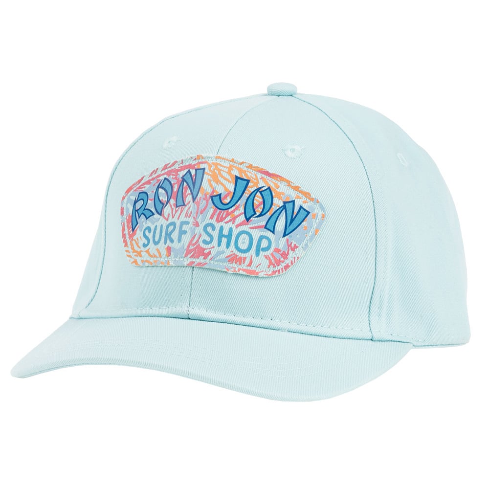 A light blue baseball cap with a colorful patch on the front that reads Ron Jon Surf Shop.