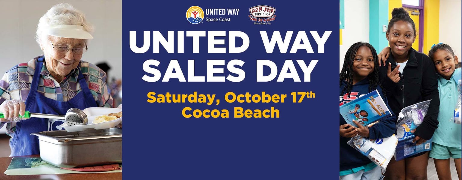Promotional graphic for United Way Sales Day on Saturday, October 17th in Cocoa Beach, featuring photos of a volunteer serving food and three children holding supplies.