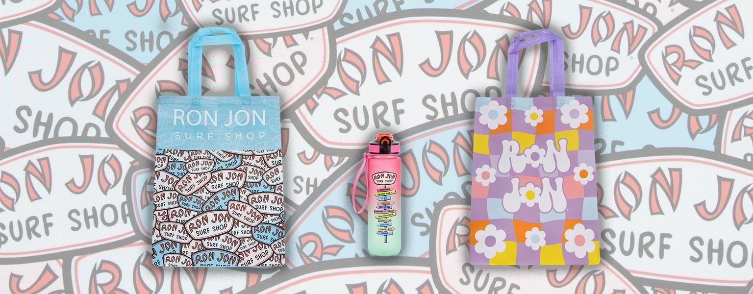 Three Ron Jon Surf Shop items: blue bag with logos, water bottle with colorful design, and pastel bag with flowers and logo, on a logo-patterned background.