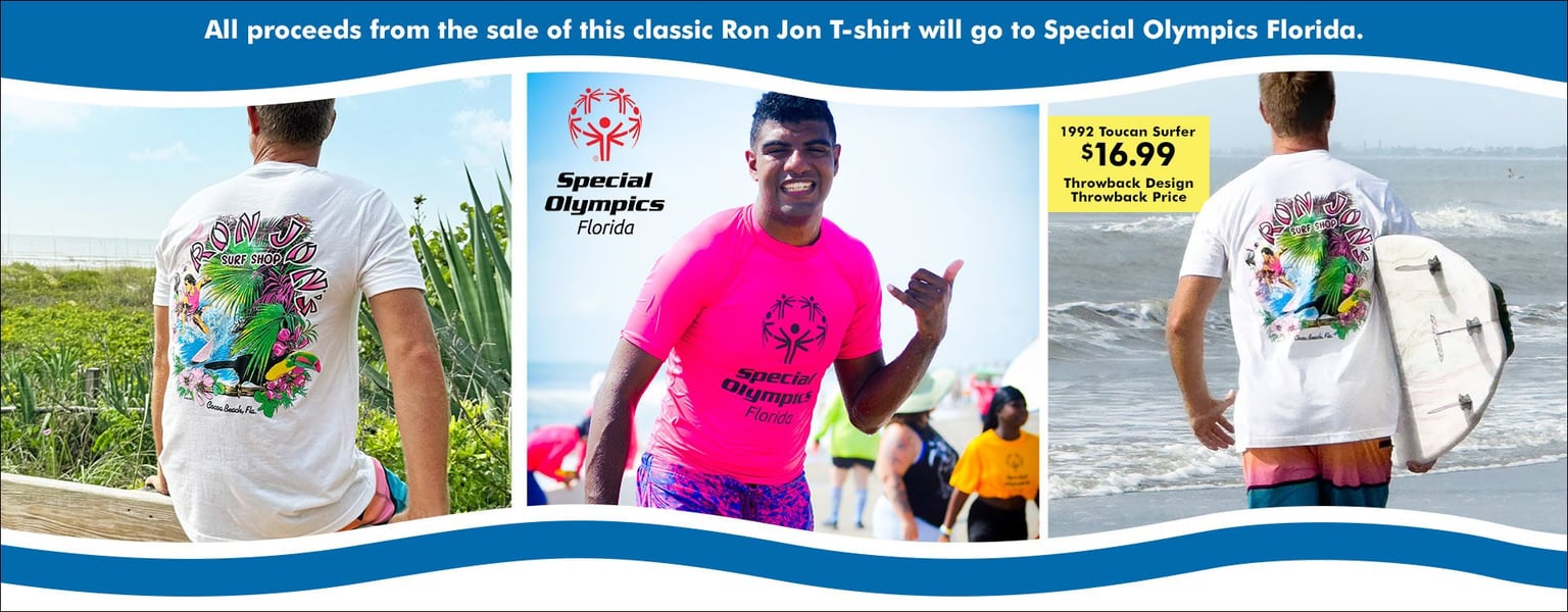 Three images show people wearing a white Ron Jon Surf Shop T-shirt with a colorful design, promoting a $16.99 fundraiser for Special Olympics Florida.