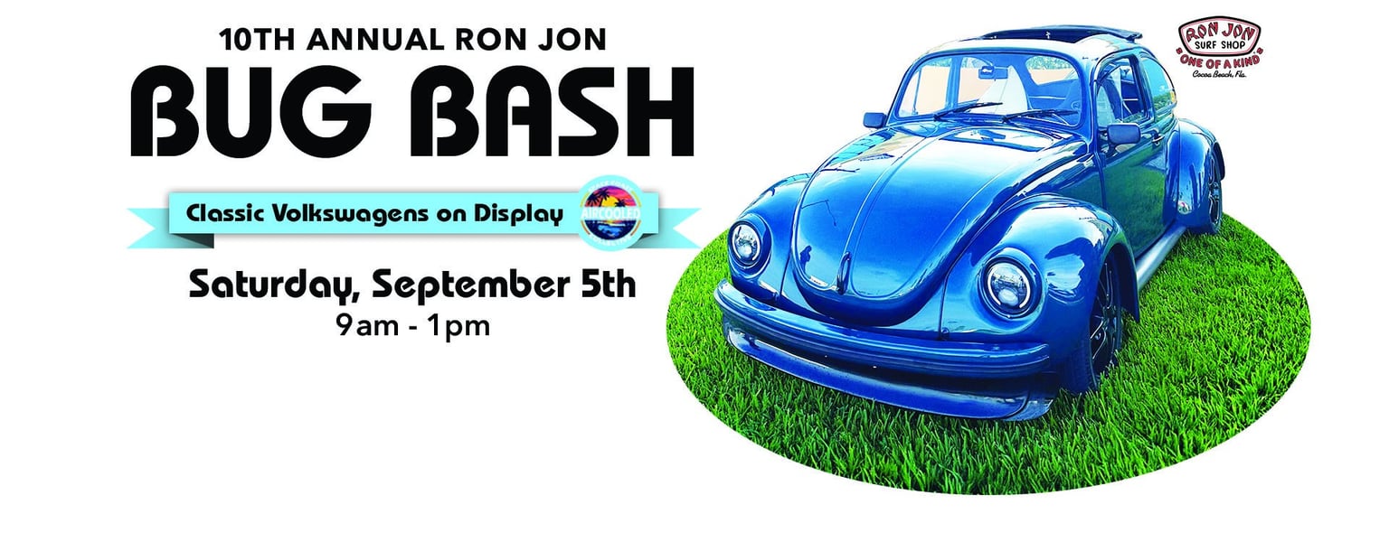 Blue classic Volkswagen Beetle on grass, promoting the 10th Annual Ron Jon Bug Bash event, with event details listed for Saturday, September 5th, 9am to 1pm.