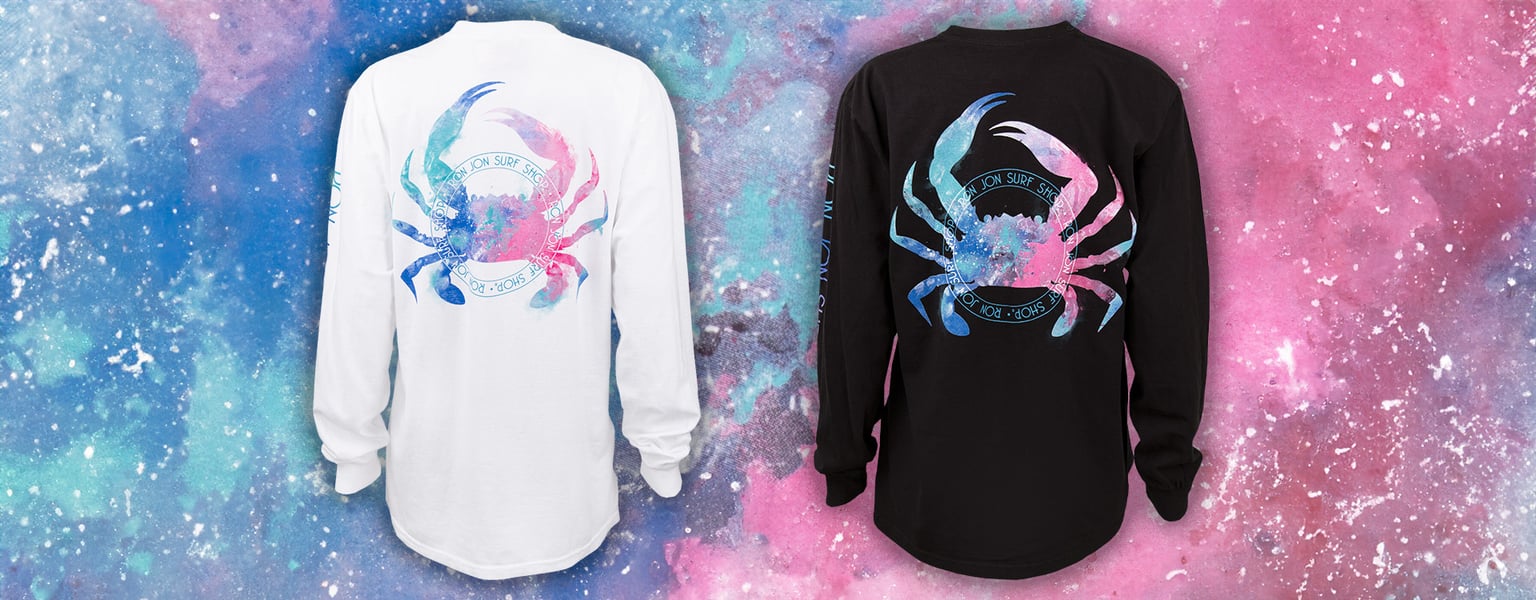 Back view of the watercolor crab women's long-sleeve t-shirt displayed on a colorful pink and blue watercolor background