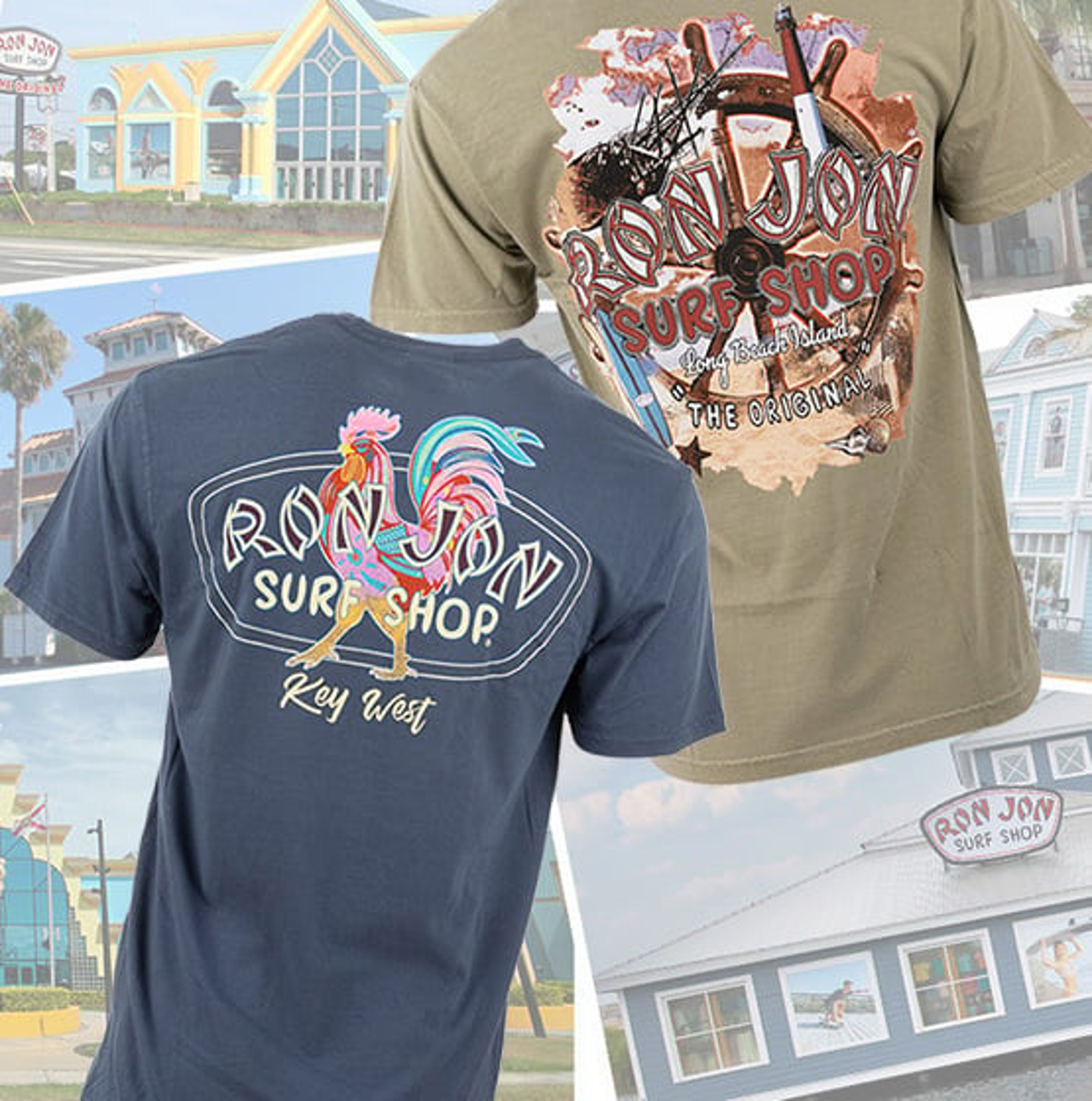 popular Key West and LBI specific tees over a collage of store images