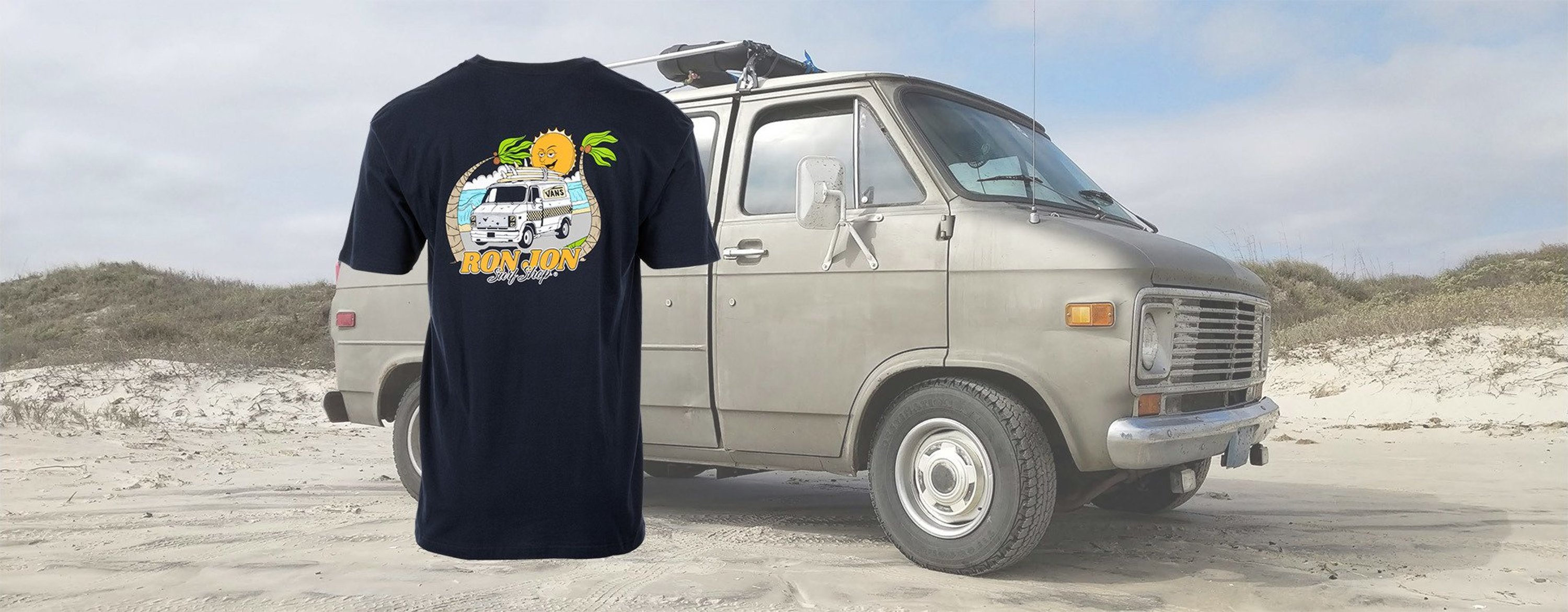 vans collaboration tee overlayed on a background an old van parked on the beach