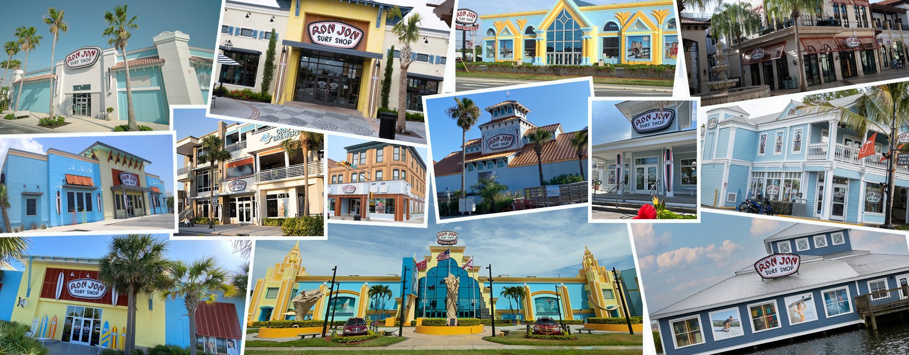 Collage of pictures showing the exterior of Ron Jon Surf Shop locations