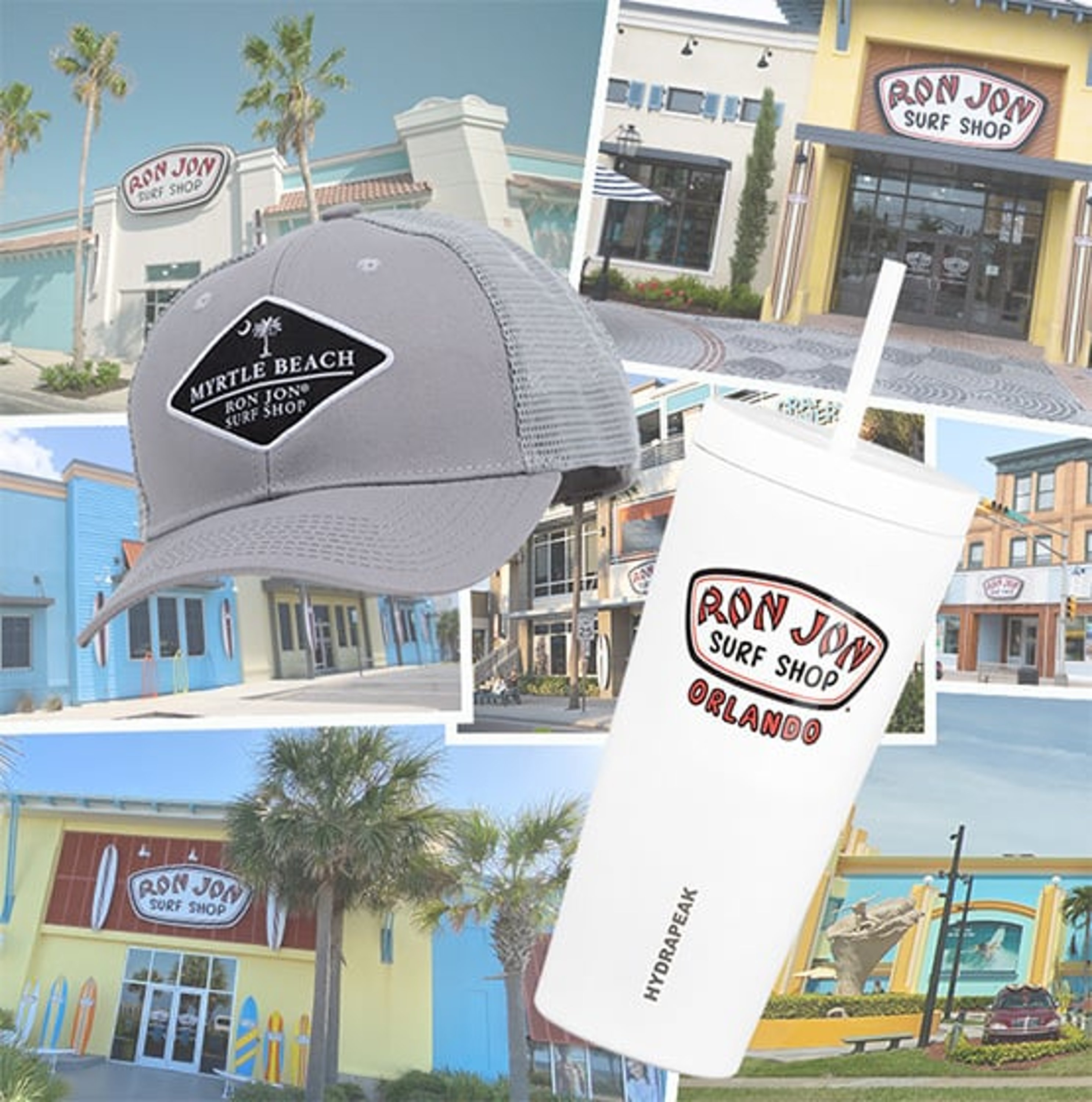 location specific accessories - myrtle beach hat and orlando tumbler with a storefront collage background