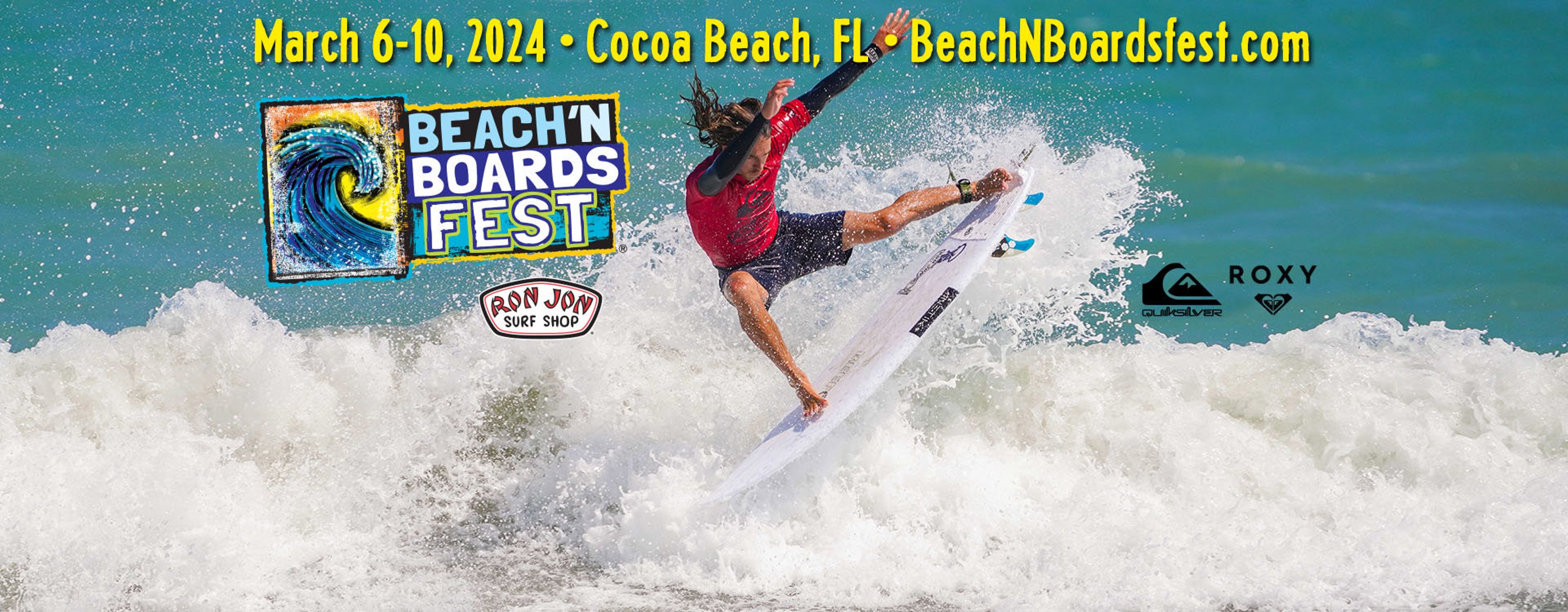 competitive surfer in the wave's white water - text information March 6-10, 2024 Cocoa Beach, FL