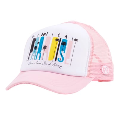 ron jon grom squad palm paradise pink white youth trucker hat front