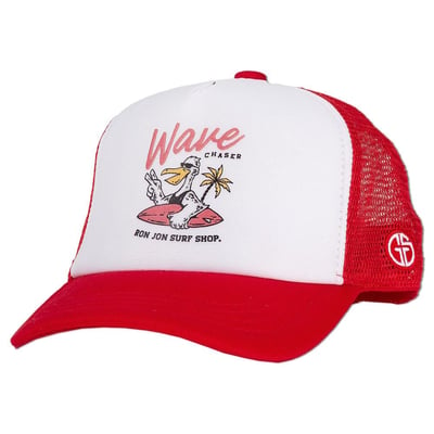 ron jon grom squad wave chaser red white kids trucker hat front