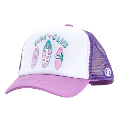 ron jon grom squad lavender white surf club youth trucker hat front