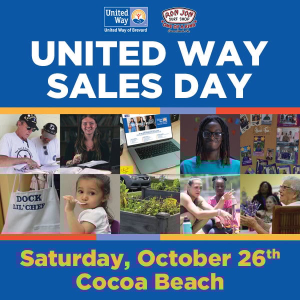 United Way Sales Day event poster for Saturday, October 26th in Cocoa Beach, featuring photos of people and activities.