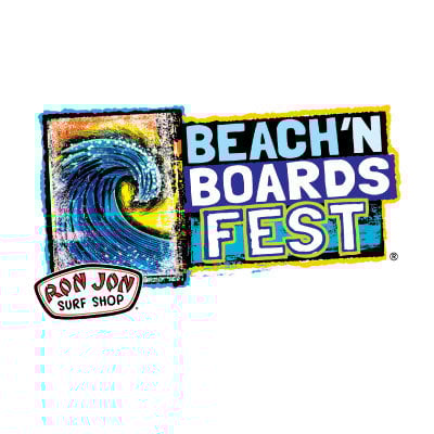 Logo for Beach N Boards Fest with a stylized wave and the Ron Jon Surf Shop badge.