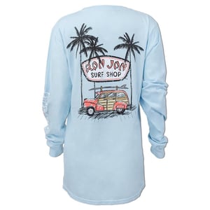 Ron Jon Womens Distressed Cocoa Beach Surfs Up Woody Long Sleeve Tee Ron Jon Surf Shop
